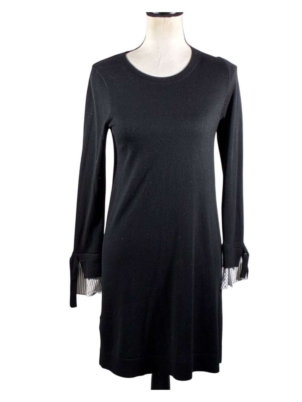 Ann Taylor Loft Black wool blend Sweater Dress XS Striped tie cuff preppy